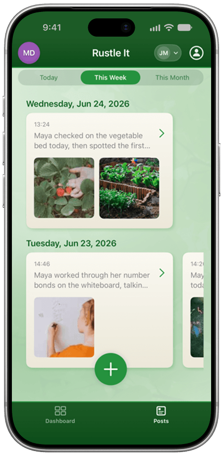 Rustle It app showing a child's learning updates and progress